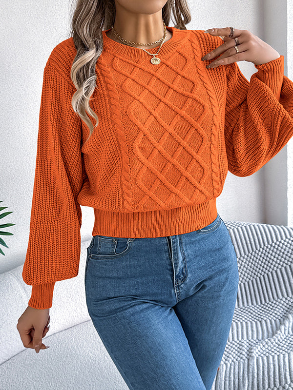 Cable Knit Solid Color Elasticated Waist Long Sleeves Round-Neck Sweater Tops Knit Top
