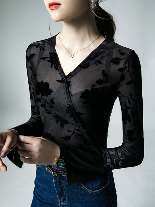 Asymmetric Buttoned Flower Print Mesh See-Through Flared Sleeves Long Sleeves V-neck Blouses&shirts Tops