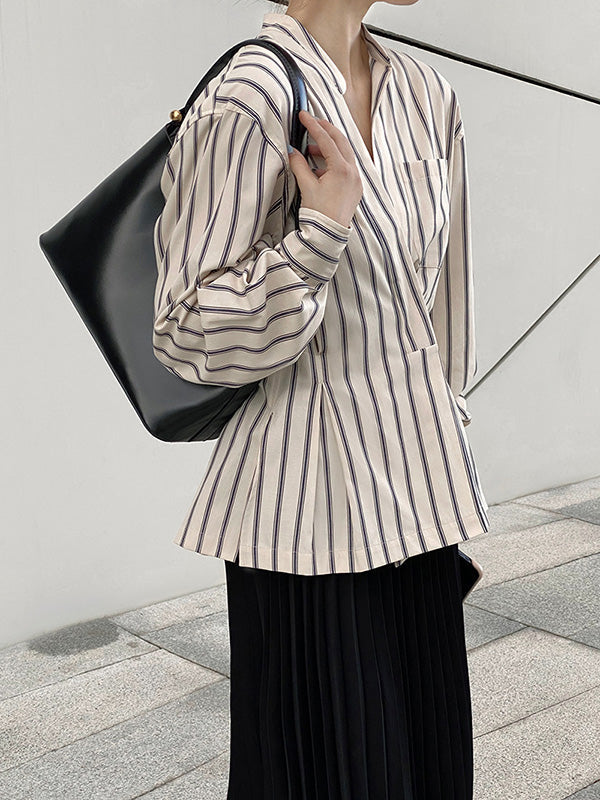 Original Creation Loose Long Sleeves Striped V-Neck Blouses&Shirts Tops