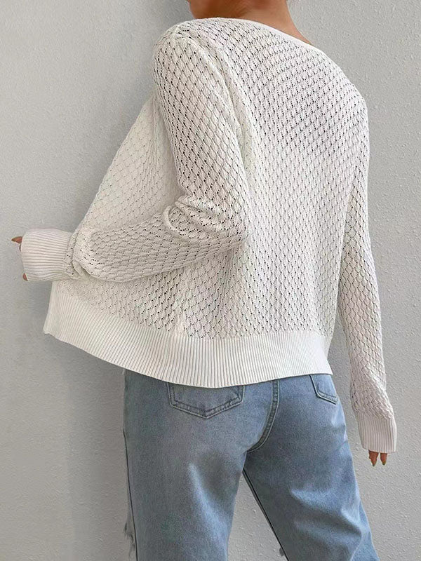 Solid Color Tied Long Sleeves Loose V-Neck Cardigan Tops