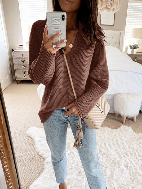 Casual Loose Solid Color V-Neck Sweater Tops