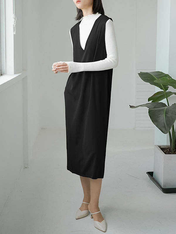 Casual A-Line Sleeveless Solid Color V-Neck Midi Dresses