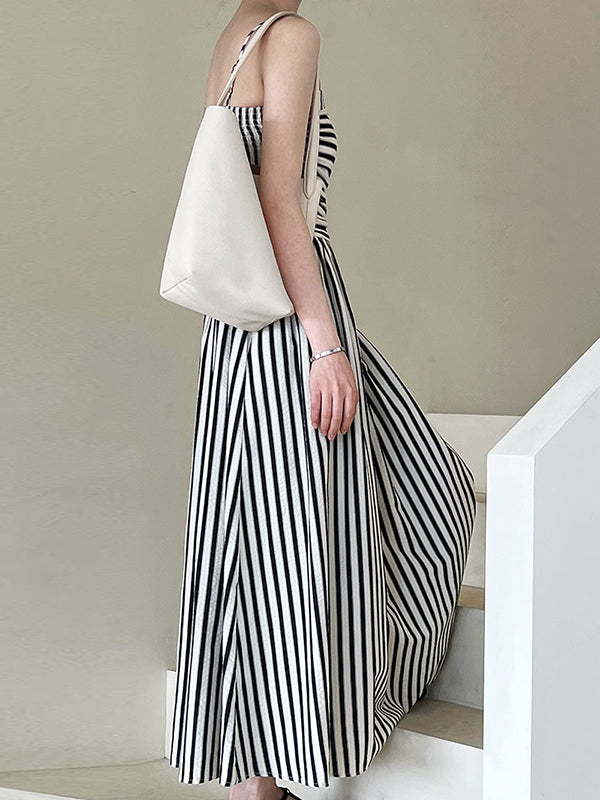 Pleated Split-Joint Striped Loose Sleeveless Spaghetti-Neck Midi Dresses