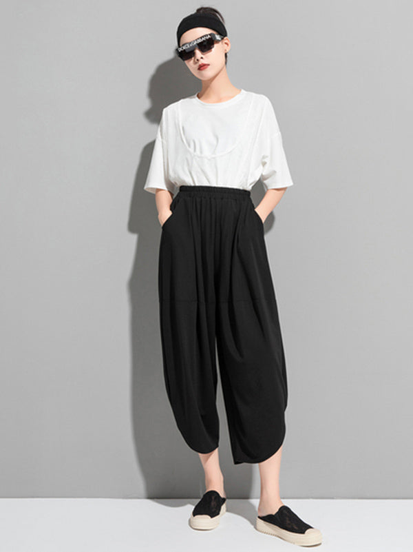 Original Solid Color Elasticity Waist Harem Capri-Pants