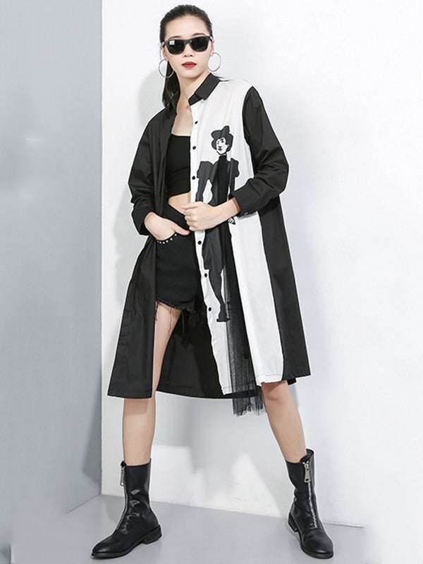 Tide Splicing Characters Print Long Lapel Shirt
