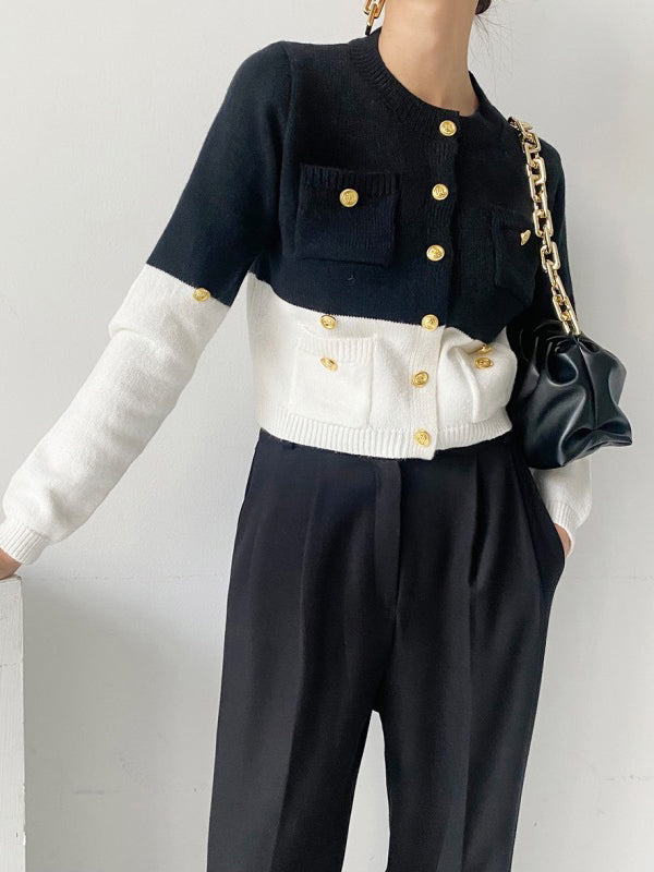 Buttoned Contrast Color Long Sleeves Round-Neck Cardigan Tops