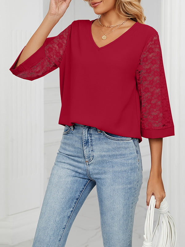 Mesh Solid Color Split-Joint Loose Three-Quarter Sleeves Round-Neck T-Shirts Tops