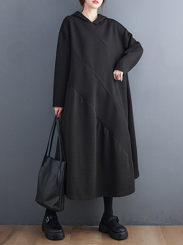 Casual Loose Long Sleeves Solid Color Hooded Midi Dresses