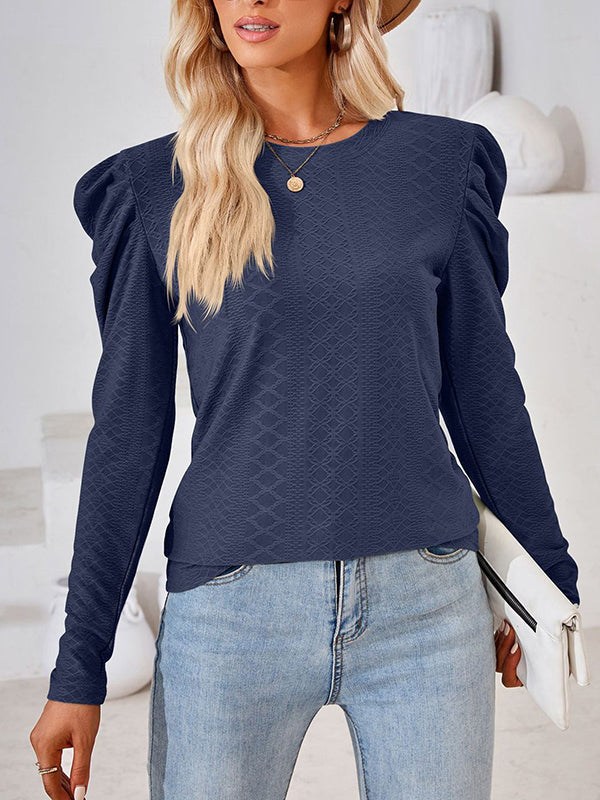 Pleated Solid Color Long Sleeves Loose Round-Neck T-Shirts Tops