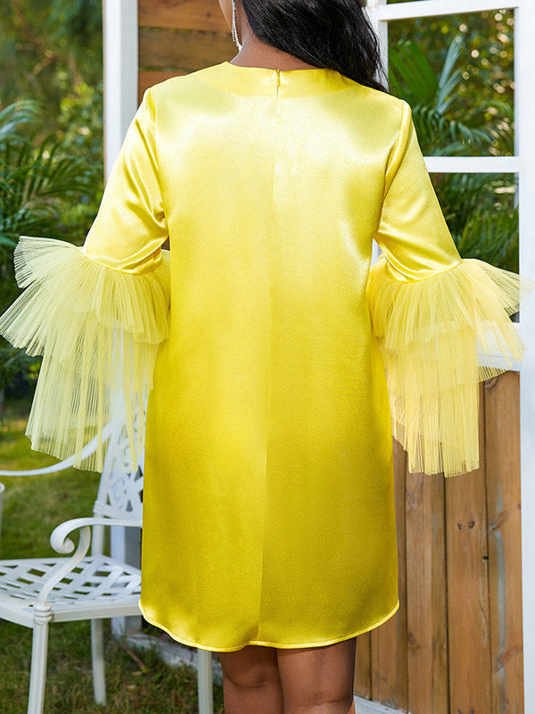 Shiny Solid Color Split-Joint Tulle Half Sleeves Loose Round-Neck Mini Dresses