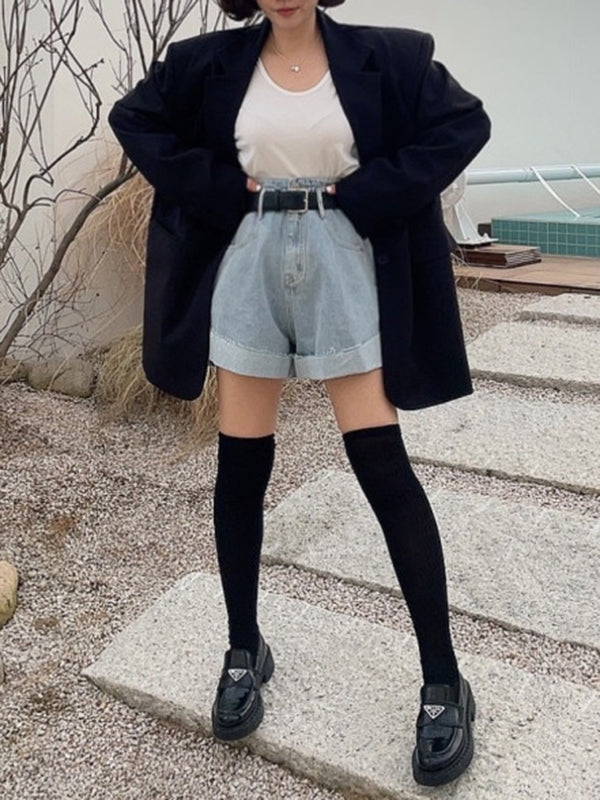 Belted Buttoned Pockets Split-Joint High Waisted Loose Denim Shorts