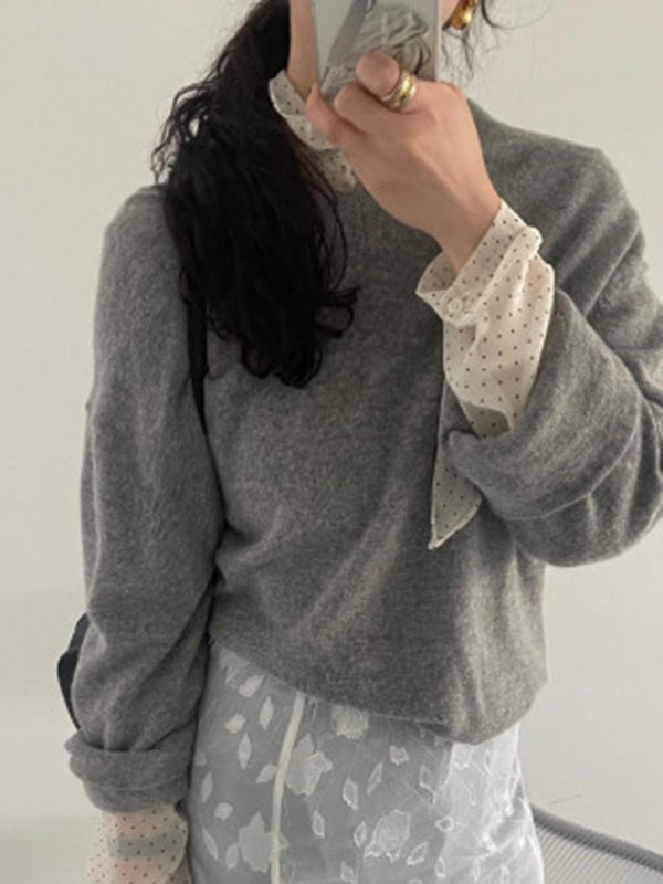 Polka-Dot See-Through Tied Long Sleeves Loose Mock Neck Blouses&Shirts Tops
