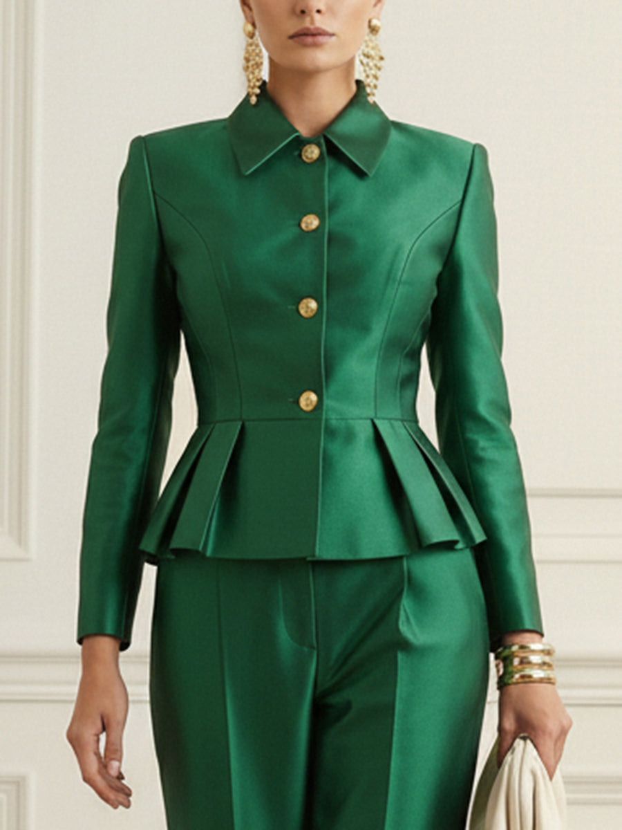 Buttoned Contrast Color Ruffled Split-Joint Elasticated Waist High Waisted Lapel Blouses&Shirts Tops Blazer