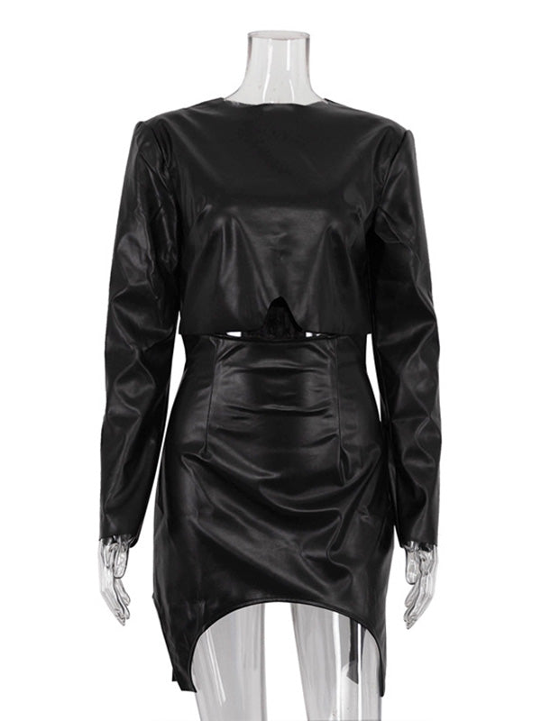 Solid Color Split-Joint Round-Neck T-shirt Top + High Waisted Zipper Bodycon Skirts Bottom Two Pieces Set