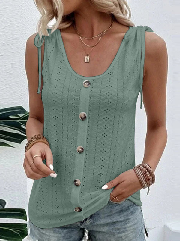 Buttoned Hollow Pleated Split-Joint Tied Loose Plus Size U-neck Vest Top