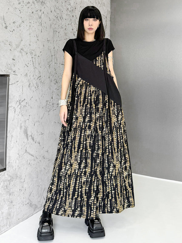 Asymmetric Contrast Color Printed Split-Joint Loose Sleeveless Spaghetti-Neck Overalls
