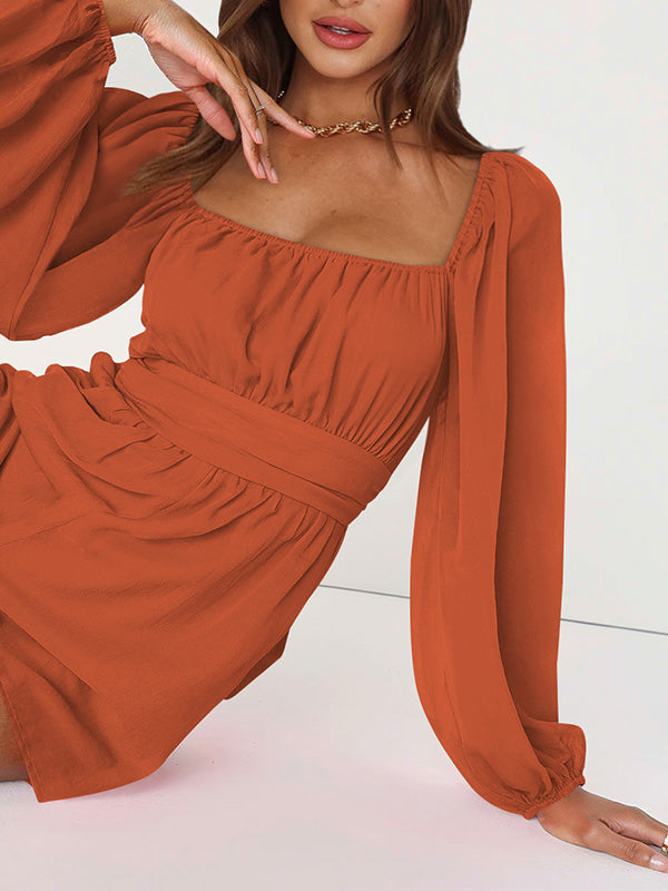 Backless Elasticity Solid Color Tied High Waisted Long Sleeves Square-Neck Rompers