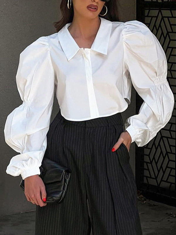 Buttoned Elasticity Solid Color Bishop Sleeve Long Sleeves Lapel Blouses&Shirts Tops
