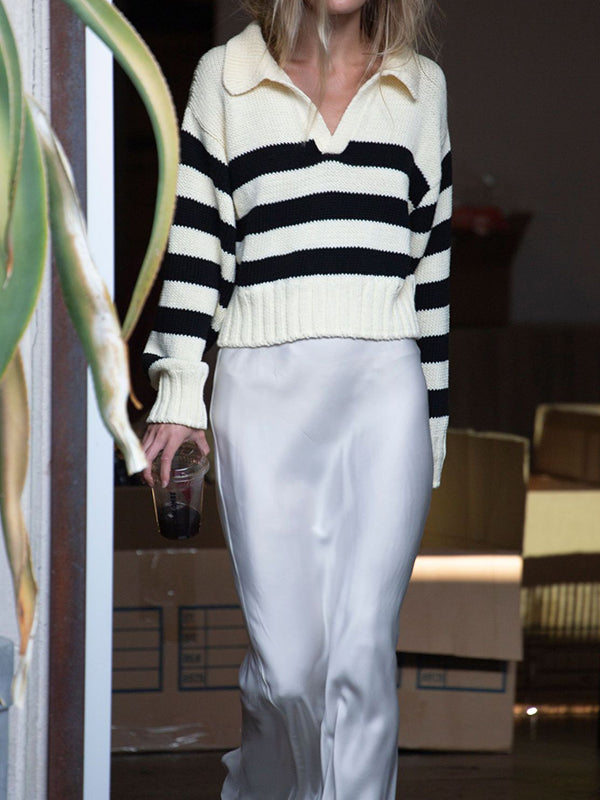 Contrast Color Striped Long Sleeves Loose Lapel Sweater