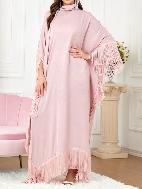 Ribbon Solid Color Tasseled A-Line Batwing Sleeves Maxi Dresses