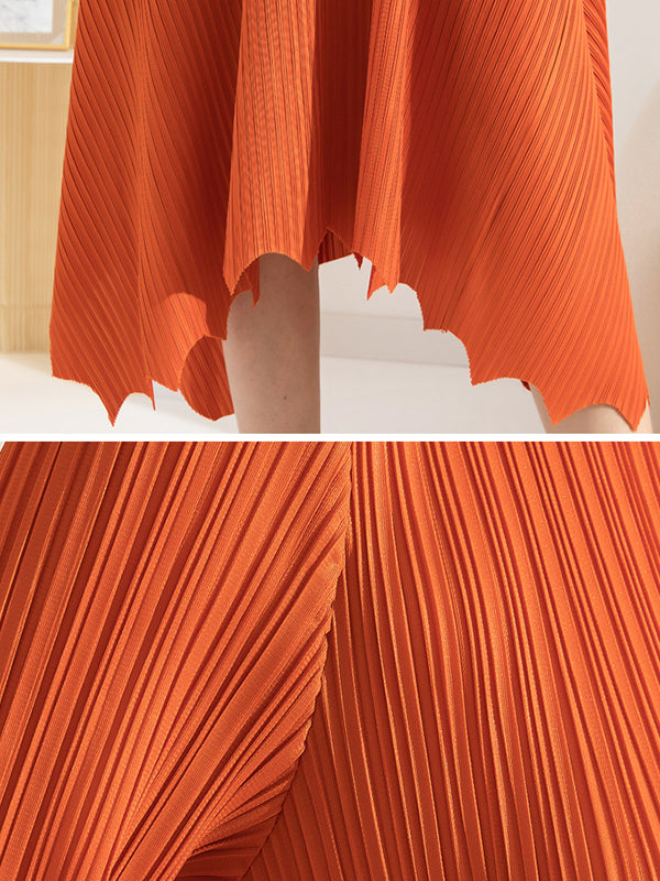 Pleated Solid Color Irregular clipping Loose Round-neck Midi Dresses