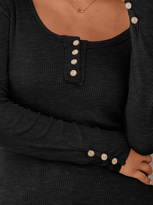 Buttoned Solid Color Long Sleeves Skinny Square-Neck T-Shirts
