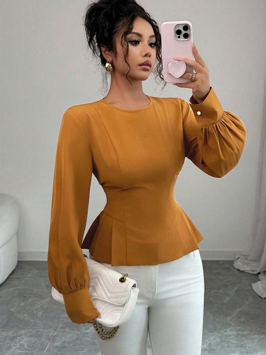 Asymmetric Pleated Ruffled Solid Color Elasticated Waist High Waisted Round-Neck Blouses&Shirts Tops