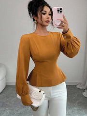 Asymmetric Pleated Ruffled Solid Color Elasticated Waist High Waisted Round-Neck Blouses&Shirts Tops