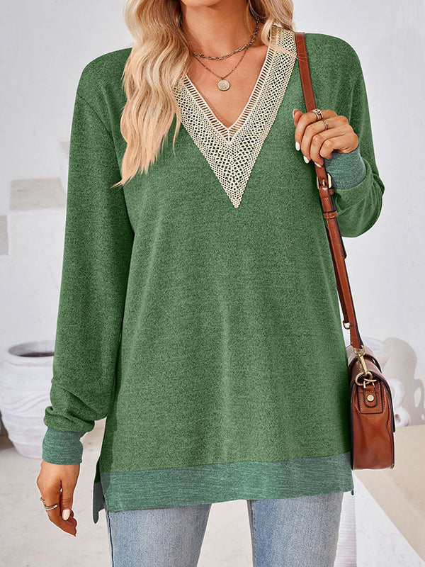 Hollow Split-Joint Split-Side Long Sleeves Loose V-Neck T-Shirts Tops