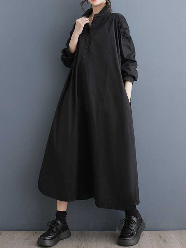 Buttoned Hollow Pleated Pockets Solid Color A-line Long Sleeves Lapel Shirt Dress Midi Dresses