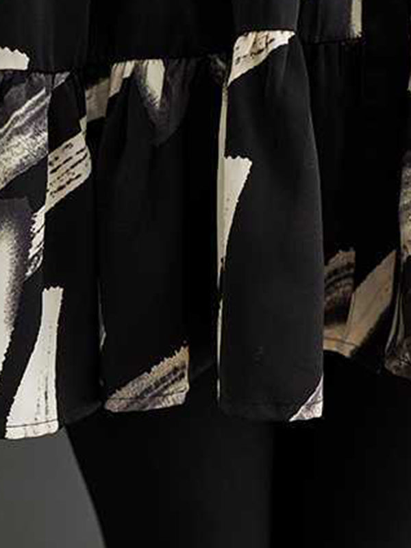 Pleated Printed Split-Joint Long Sleeves Loose Lapel Blouses