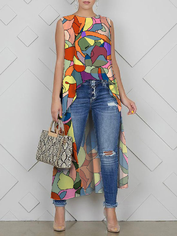 High-Low Loose Multi-Colored Round-Neck Vest Top