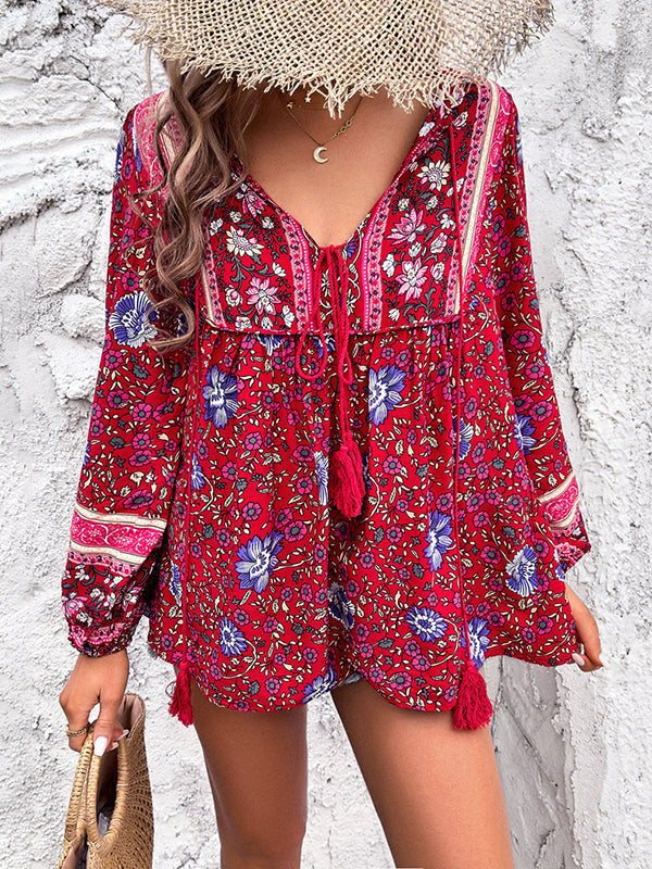 Contrast Color Elasticity Pleated Split-Joint Tied Long Sleeves Loose V-neck Blouses&shirts Tops
