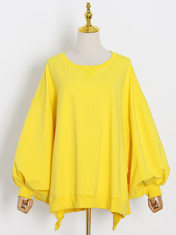 Casual Simple Puff Sleeves Solid Color Round-Neck Sweatshirt Top