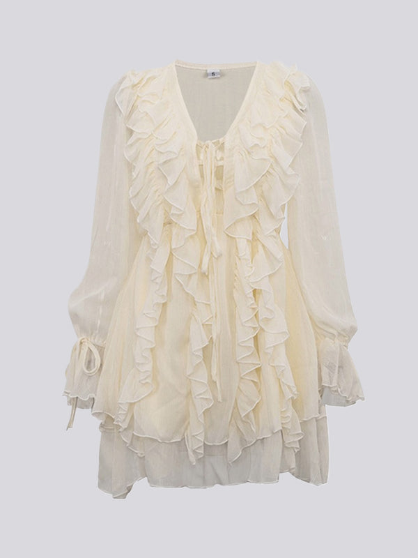 Ruffle Trim Solid Color Tied A-Line High Waisted V-Neck Mini Dresses