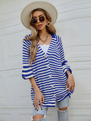 Casual Loose Long Sleeves Striped V-Neck Cardigan Tops