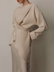 Loose Solid Color Split-Joint Boat Neck Long Sleeves Blouse & Shirt + Skirt Two Pieces Set