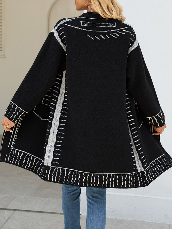 Jacquard Split-Joint Long Sleeves Loose V-Neck Cardigan Tops