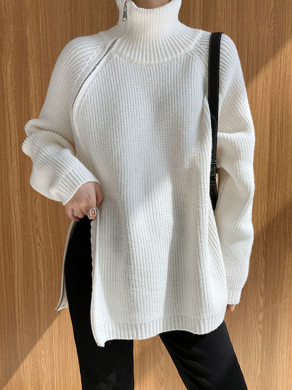 Urban Loose Long Sleeves Split-Side Solid Color Zipper Halter-Neck Sweater Tops