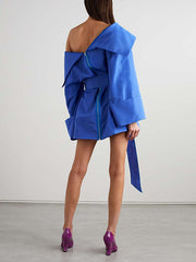 Belted Hollow Solid Color Zipper Long Sleeves Wrap One-Shoulder Mini Dresses