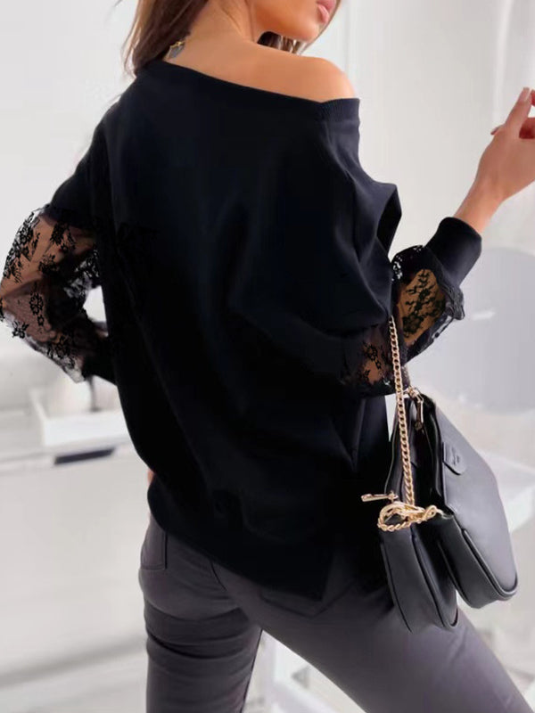 Mesh Solid Color Split-Joint Long Sleeves Loose Round-Neck T-Shirts Tops