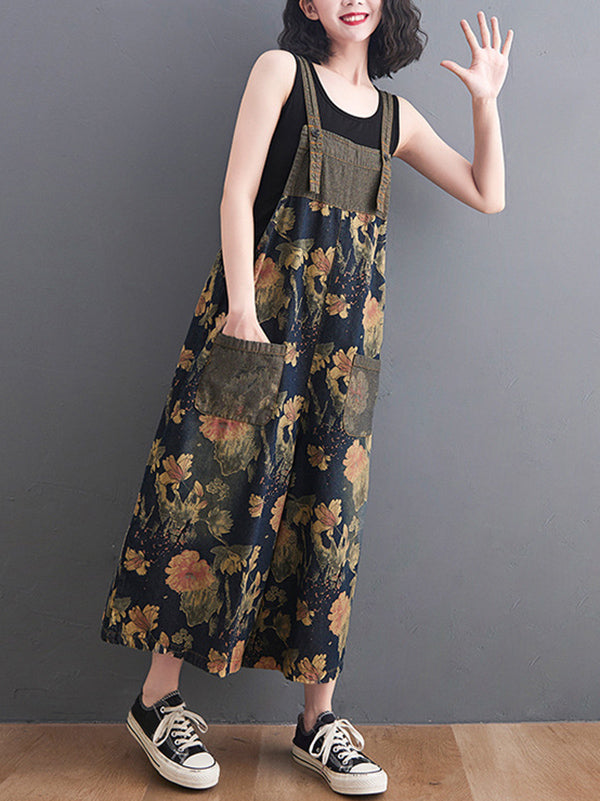 Buttoned Floral Printed Split-Joint Loose Oversize Overalls Ninth Pants