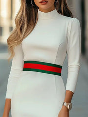 High Waisted Long Sleeves Contrast Color Split-Joint Mock Neck Midi Dresses
