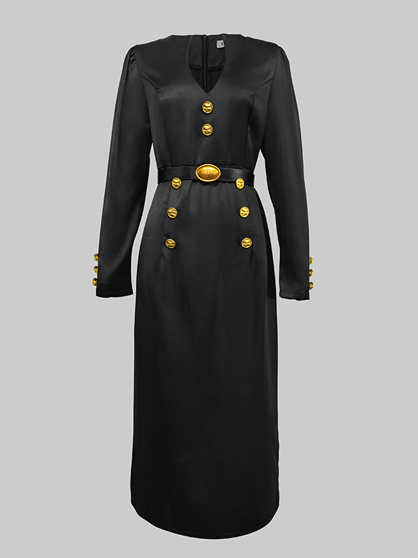 Buttoned Solid Color Long Sleeves Puff Sleeves Deep V-Neck Midi Dresses