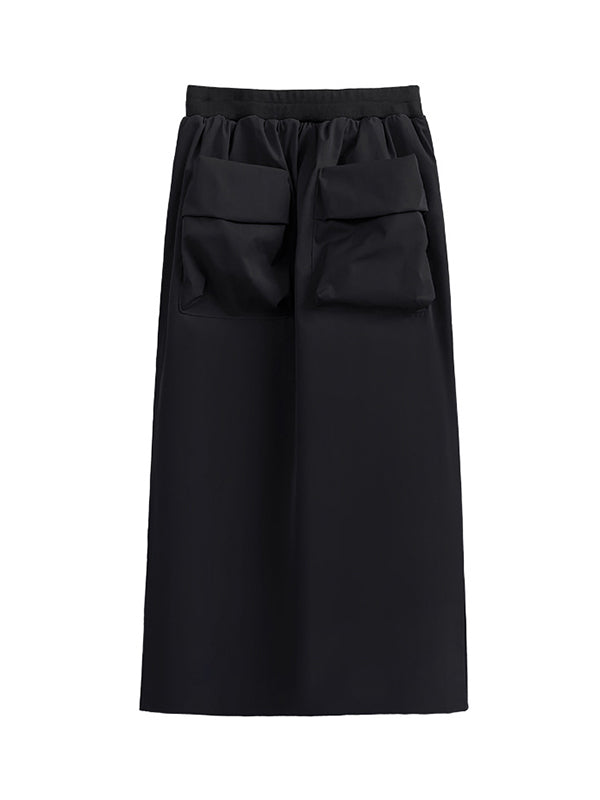 Pleated Pockets Split-Back A-Line High Waisted Skirts Bottoms