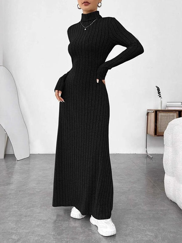 Pleated Solid Color Split-Joint Long Sleeves High Neck Maxi Dresses