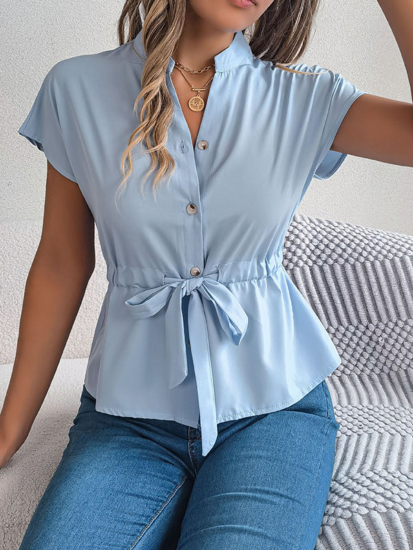 Buttoned Comfort Solid Color Tied Waist Short Sleeves Stand Collar Blouses&Shirts Tops