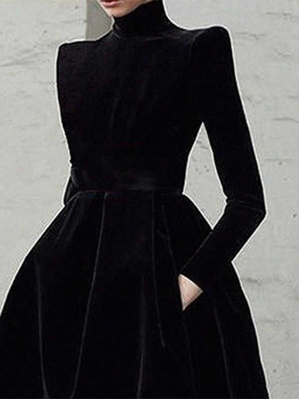 Solid Color Long Sleeves Skinny High Neck Midi Dresses