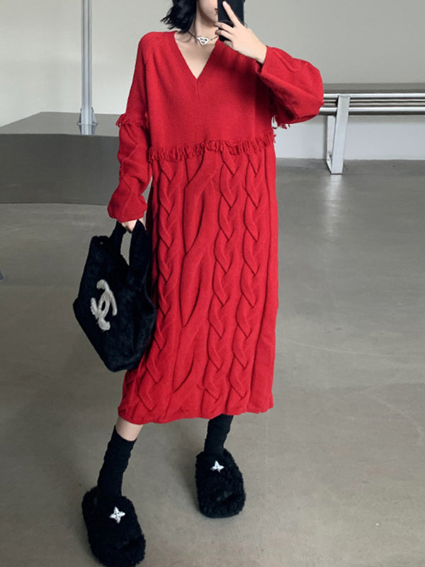 Solid Color Split-Joint Tasseled Long Sleeves Loose V-neck Sweater Dresses Midi Dresses