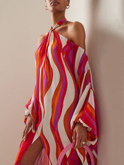 Irregular Clipping Printed Split-Front Halter-Neck Maxi Dresses